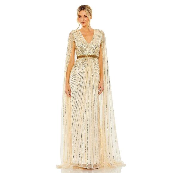 Mac Duggal Sequined V-Neck Gown Maxi Dress Cape Sleeves Nude Size 14W NWT - Picture 4 of 11